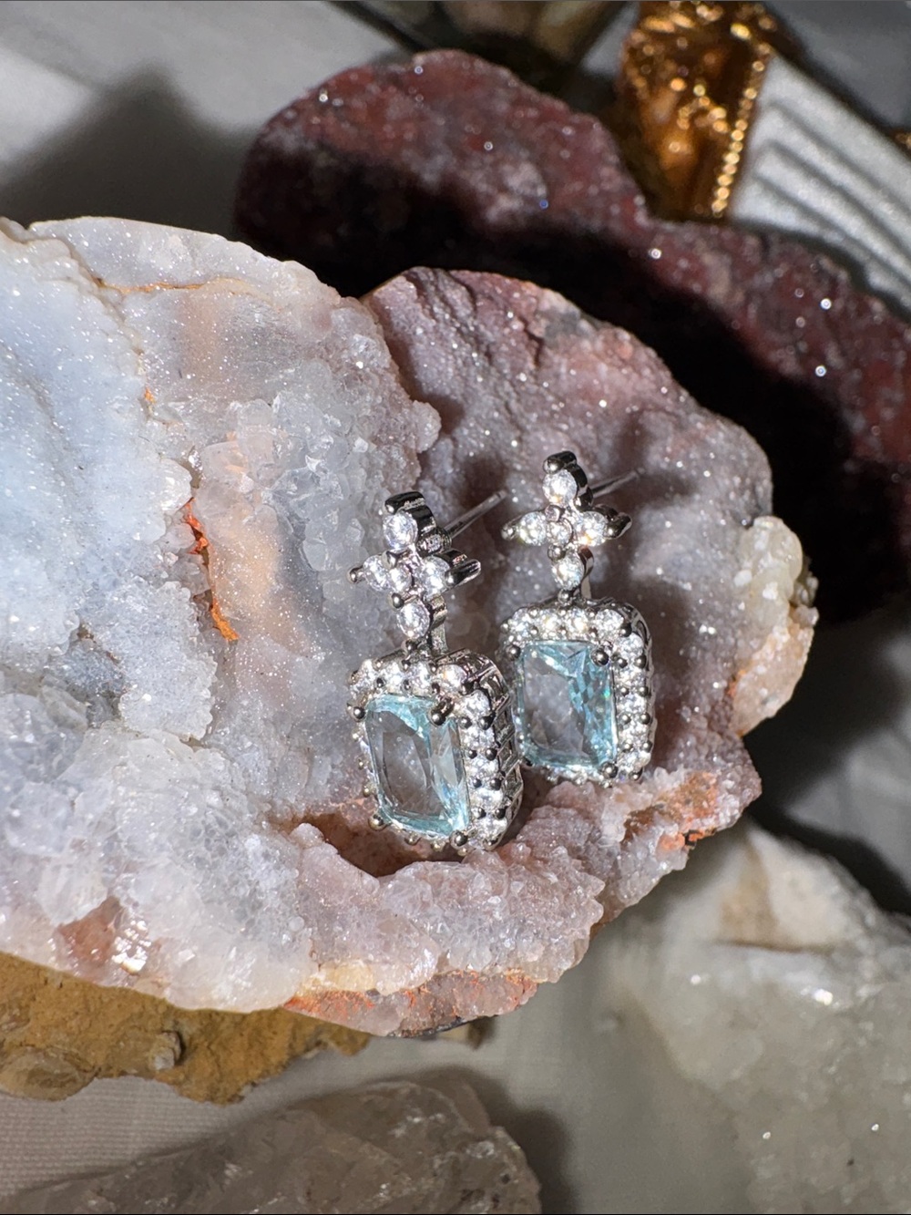 Silver Aquamarine Halo Perfume Bottle Stud Earrings